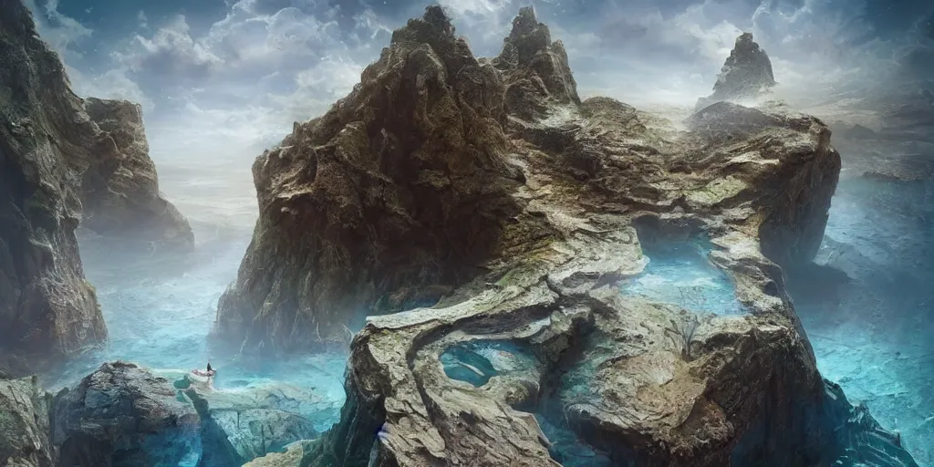 Prompt: artgem and Beeple masterpiece, hyperrealistic surrealism, scifi wide angle landscape, award winning masterpiece with incredible details, epic stunning, infinity pool, a surreal liminal space, highly detailed, trending on ArtStation, calming, meditative, surreal, sharp details, dreamscape, giant gold head statue ruins, crystal clear water