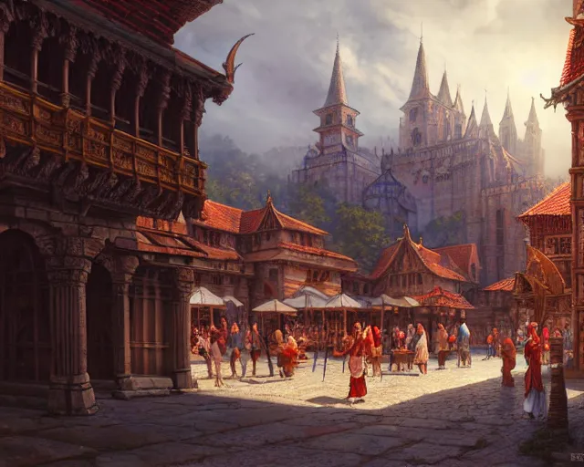 Prompt: a medieval city with temple, market, palace, tavern, beautiful, detailed, temple, market, palace, tavern, concept art illustration, color page, tone mapping, akihiko yoshida, james jean, andrei riabovitchev, marc simonetti, digital illustration, greg rutowski, volumetric lighting, sunbeams, particles