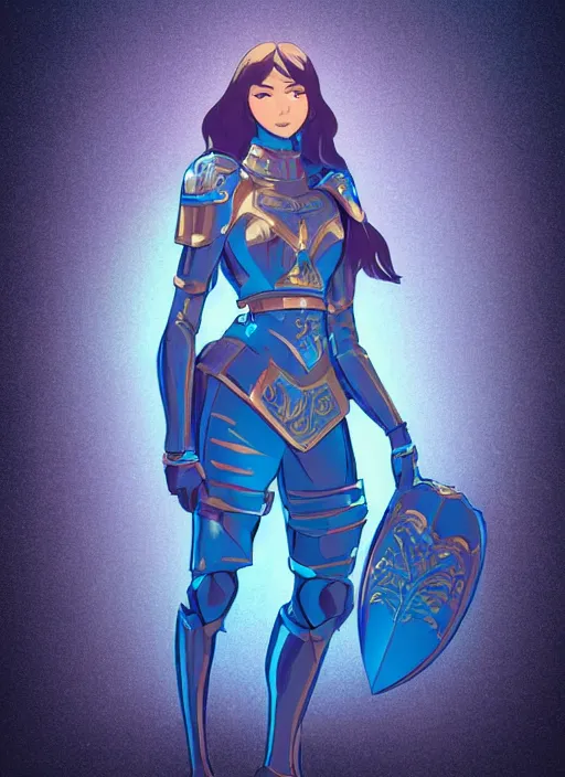 Image similar to a young woman in blue full plate armor in a dramatic pose. the armor glows, bursting with light from the decoration. clean cel shaded vector art. shutterstock. behance hd by lois van baarle, artgerm, helen huang, by makoto shinkai and ilya kuvshinov, rossdraws, illustration, art by ilya kuvshinov