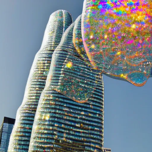 Image similar to buildings made of iridescent bubbles in the form of the new york skyline