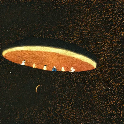 Prompt: A photograph of a prehistoric cave painting, depicting a UFO sighting