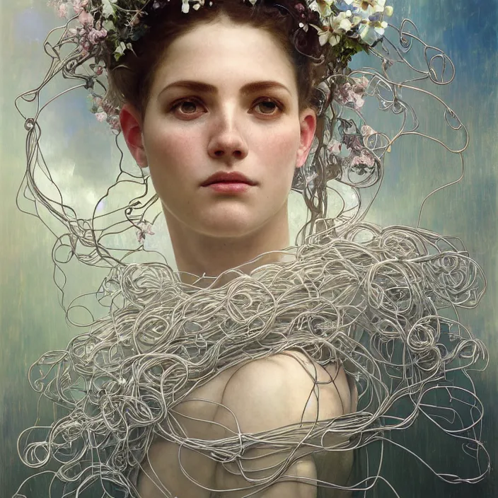 Image similar to hyperrealist portrait of a 2 0 4 4 space sport engineer, it is decorated with long wires and white petals that fall like vines and wears a huge computer crown. by jeremy mann and alphonse mucha, fantasy art, photo realistic, dynamic lighting, artstation, poster, volumetric lighting, dramatic light, very detailed faces, 8 k, award winning