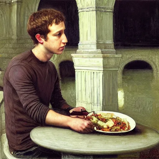 Prompt: Mark Zuckerberg eating Chipotle, painted by John Waterhouse Cooper, Pre-raphaelite, Neo-Gothic, intricate complexity, gothic, rich deep colors