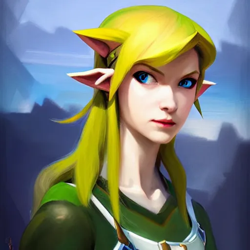 Image similar to portrait of a female Link from legend of Zelda, medium shot, asymmetrical, profile picture, Organic Painting, sunny day, Matte Painting, bold shapes, hard edges, street art, trending on artstation, by Greg Manchess and Huang Guangjian and Gil Elvgren and Sachin Teng