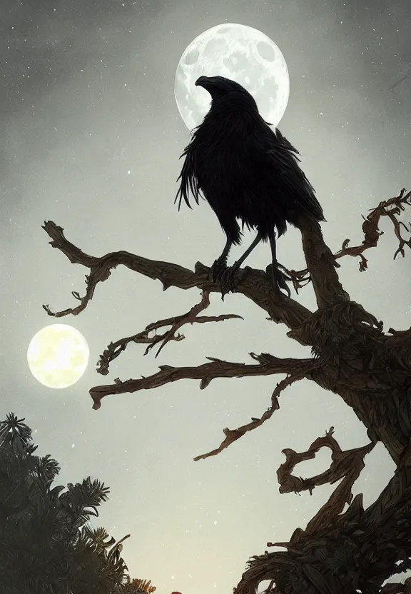 Image similar to crow on tree in front of the full big moon, highly detailed, digital painting, artstation, concept art, smooth, sharp focus, illustration, Unreal Engine 5, 8K, art by artgerm and greg rutkowski and alphonse mucha