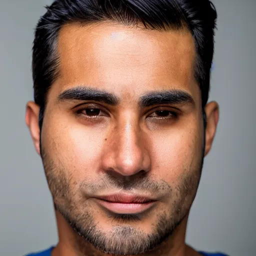 Image similar to close up of face of good looking 3 0 year old peruvian man with clean shaven face, no beard, thin face, skinny, very short straight black hair in a quiff style, color portrait, 4 k