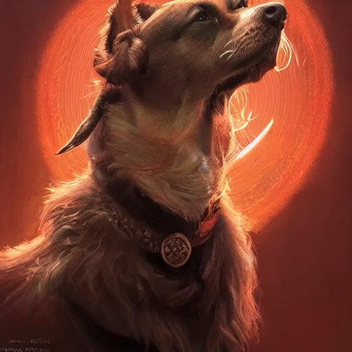 Image similar to Portrait of a dog as a sorcerer, magic, fantasy, D&D, intricate, cinematic lighting, highly detailed, digital painting, artstation, concept art, smooth, sharp focus, illustration, art by Artgerm and Greg Rutkowski