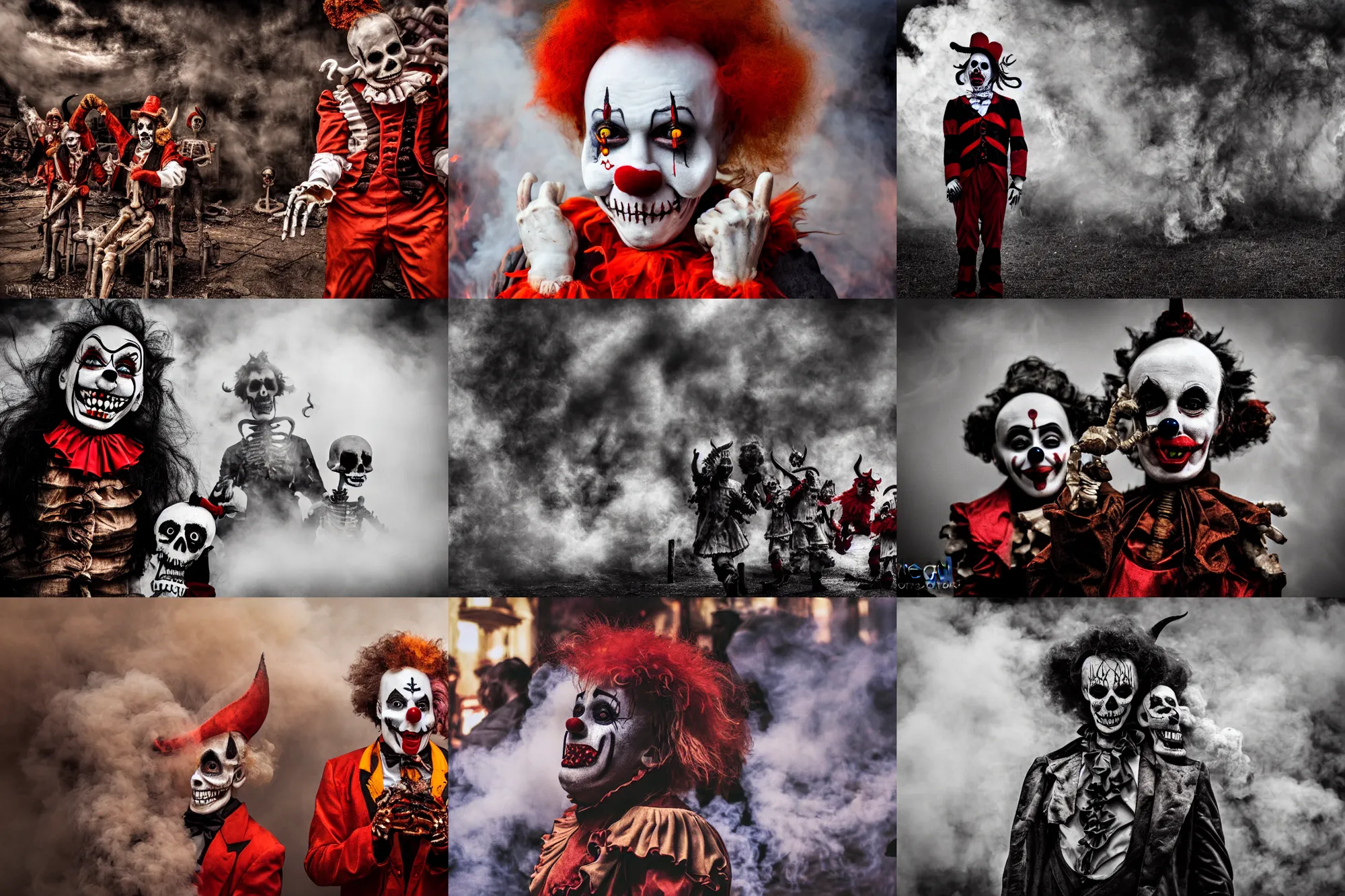 Prompt: photograph, hell, fire and smoke and devils dressed as clowns, clowns, skeleton clowns, depth of field, bokeh