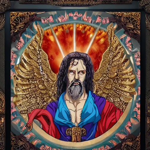 Image similar to 4K headshot portrait of godlike Pimp of Nazareth with defined arms and open hands and bloody clothes with giant mandala wings , intricate face , flawless anime cel animation by Kentaro Miura, psychedelic , highly detailed upper body , professionally post-processed , beautiful, scary, symmetry accurate features, epic, octane rendered, anime masterpiece, accurate by Craig Mullins, ilya kuvshinov, krenz cushart, epic , artgerm trending on artstation by Edward Hopper and Dan Mumford and WLOP and Rutkovsky, beksinski carl spitzweg moebius and tuomas kocar, intricate artwork by caravaggio, Unreal Engine 5, Lumen, Nanite