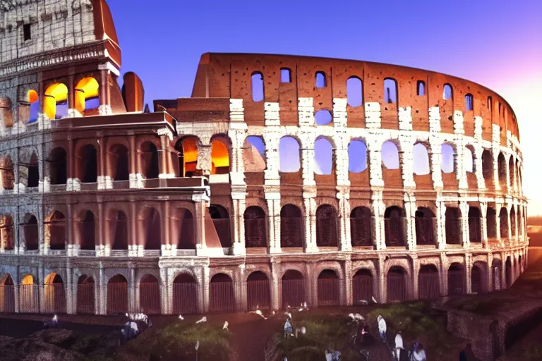 Image similar to a huge gelato on top of the Colosseum, photorealistic, cinematic lighting, high detail, cinematic feel, high octane, 4K, Unreal Engine