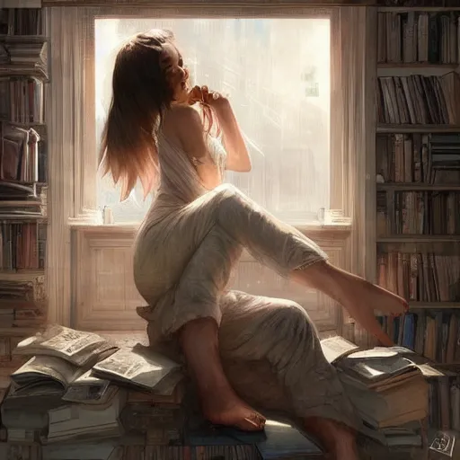 Image similar to awoke to cotton, sweet smell of books, by wlop, artgerm, greg rutkowski