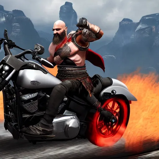 Prompt: kratos riding a black harley - davidson motorcycle off a cliff, cinematic render, playstation studios official media, god of war 2 0 1 8, flames, centered