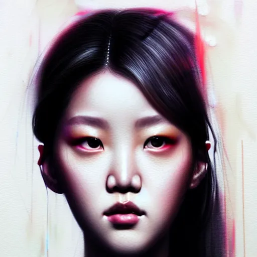 Prompt: roseanne park of blackpink, hyperrealistic portrait, bladerunner street, by karol bak and agnes cecile, fantasy art, photo realistic, dynamic lighting, artstation, poster, volumetric lighting, very detailed face, intricate complexity, 8 k, award winning