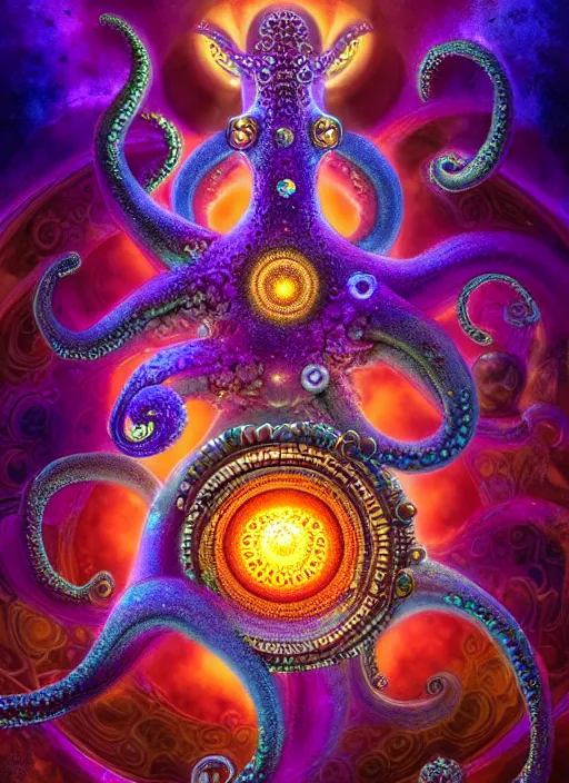 Image similar to octopus god within the whole infinite time capsule apparent with awe the apparition, an idea drips into infinite spirals, highly detailed in volumetric latent space, golden turquoise purple futuristic steampunk, galaxy mandalas mandelbrot high contrast cinematic light, mystical shadows, visionary art sharp focus, divine realm of gods, octane render, artist by boris vallejo,