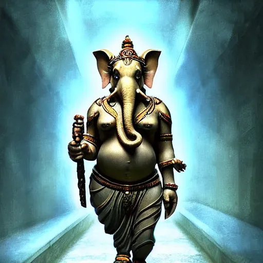 Image similar to realistic ganesha charging down a hallway yelling, cinematic, fantasy, 8 k, high detail, digital art