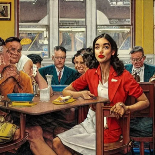 Image similar to Alexandria Ocasio-Cortez in a diner, by Norman Rockwell