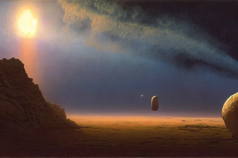 Image similar to A large comet hitting Earth, Les Edwards, Zdzislaw Beksinski, Carl Gustav Carus, John Harris, Michal Karcz, Zhang Kechun, Mikko Lagerstedt, Scott Listfield, Steven Outram, Jessica Rossier