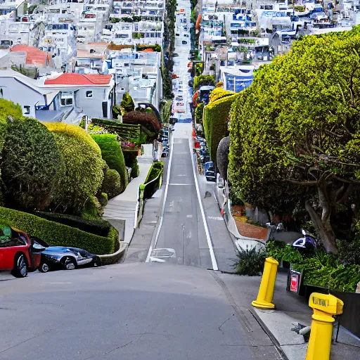 Image similar to Lombard Street is an east–west street in San Francisco, California that is famous for a steep, one-block section with eight hairpin turns. Stretching from The Presidio east to The Embarcadero (with a gap on Telegraph Hill), most of the street's western segment is a major thoroughfare designated as part of U.S. Route 101. The famous one-block section, claimed to be the crookedest street in the world, is located along the eastern segment in the Russian Hill neighborhood. It is a major tourist attraction, receiving around two million visitors per year and up to 17,000 per day on busy summer weekend