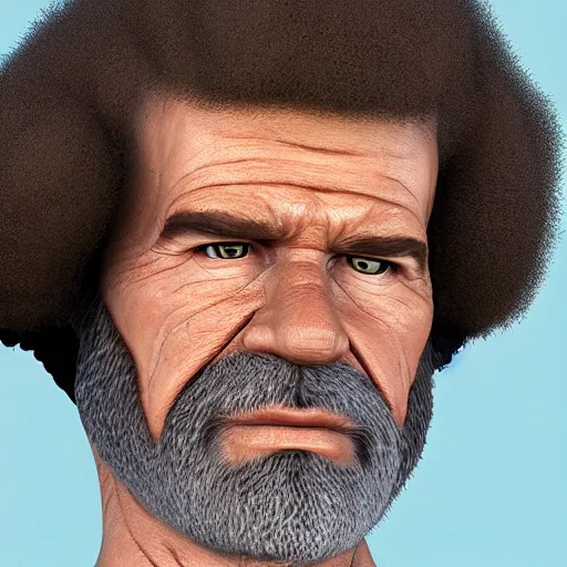 Image similar to Mugshot of Bob Ross with a sinister look on his face, ultra realistic, realistic, highly detailed, epic, HD quality, 8k resolution, body and headshot, film still, front facing, front view, headshot and bodyshot, detailed face, very detailed face