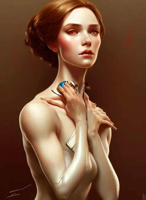 Image similar to portrait of female android, intricate, elegant, highly detailed, digital painting, artstation, concept art, smooth, sharp focus, illustration, art by artgerm and greg rutkowski and alphonse mucha