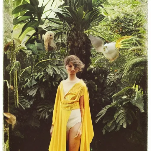 Prompt: head to shoulder grainy portrait Polaroid film photograph of an elegant top model wearing a yellow kimono with a very detailed barn owl on her shoulder!!! in a tropical greenhouse. looking at the camera!!. super resolution. Polaroid 600 film. art by Alessio albi and john william waterhouse and John Singer Sargent and greg rutkowski