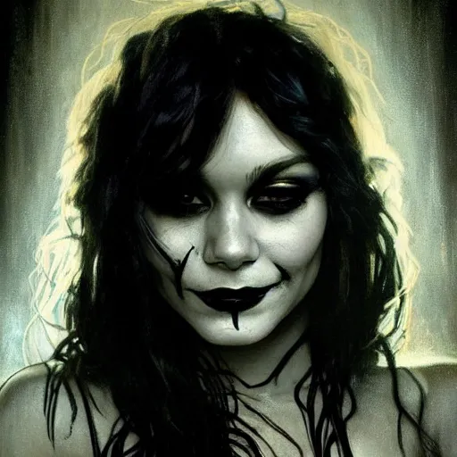 Image similar to beautiful portrait of vanessa hudgens as death from sandman, smiling, by cedric peyravernay, alphonse mucha, by jeremy mann, by lecouffe deharme, goth chic, soft lightning, eyeliner, punk rock, high detailed, 8 k