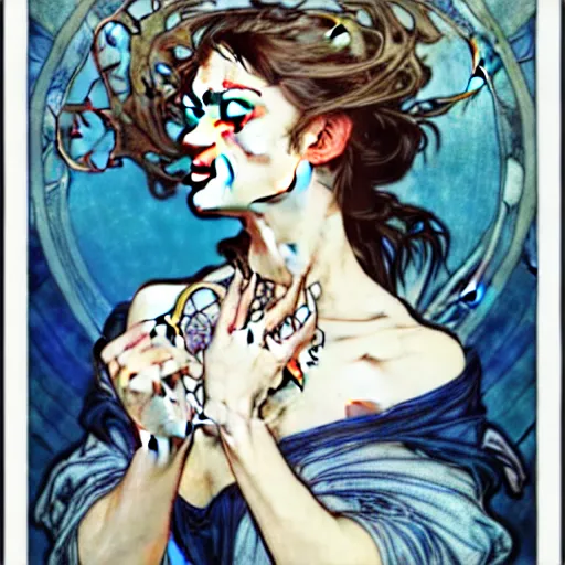 Prompt: in the style of artgerm, arthur rackham, alphonse mucha, phoebe tonkin, symmetrical eyes, symmetrical face, flowing blue skirt, hair blowing, full body, intricate filagree, hidden hands, warm colors, cool offset colors