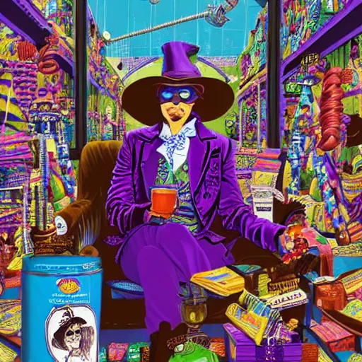 Prompt: Johnny Depp is covered in a blanket and drinking tea in Willy Wonka's Chocolate Factory, Illustration, Colorful, insanely detailed and intricate, super detailed, by Kyle Lambert