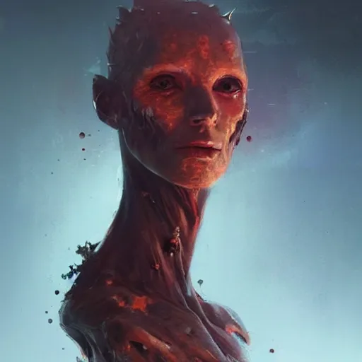 Image similar to scifi portrait by Greg Rutkowski, a person infected with a kind of reddish silt that is sprouting from all over his body, violent and vicious appearance, scifi, space horror, digital painting, artstation, concept art, smooth, sharp foccus ilustration, Artstation HQ.