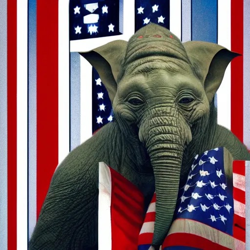 Prompt: elephant yoda as potus american flag, modern art placed in a large living room, art designers magazine hd photo superrealism 3 d 8 k resolution