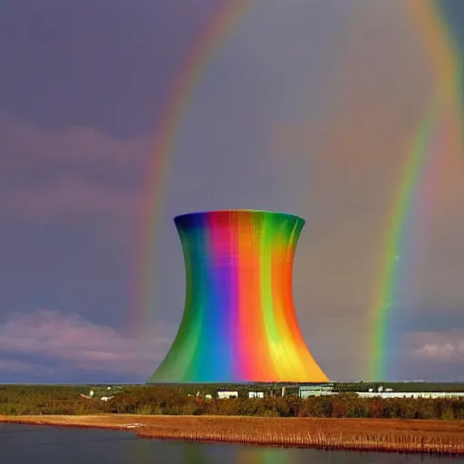 Prompt: A Masterpiece Landscape of a broken down nuclear power station, Nuclear blast imminent, nuclear reactor going critical. Rainbow Color Scheme