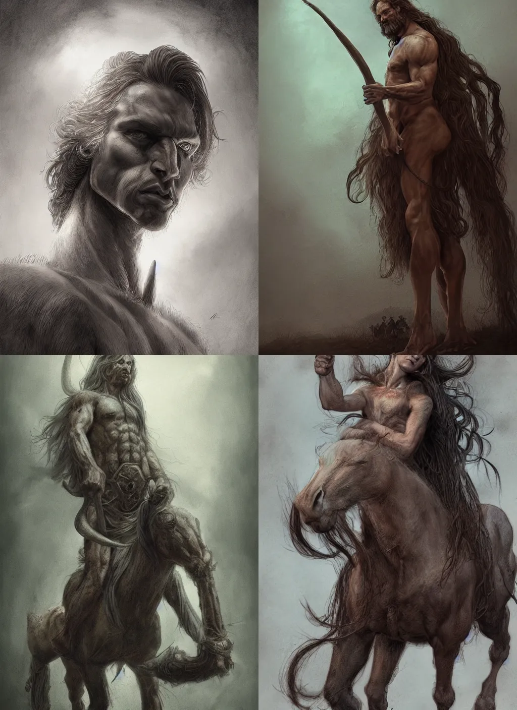 Prompt: portrait of a centaur with long hairs in alan lee and marc simonetti and emil melmoth style , cinematic lighting