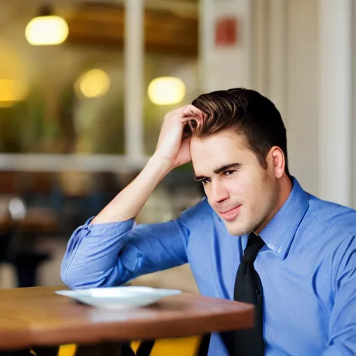 Image similar to head and shoulders male portrait of a young business professional, sitting down at a nice restaurant.