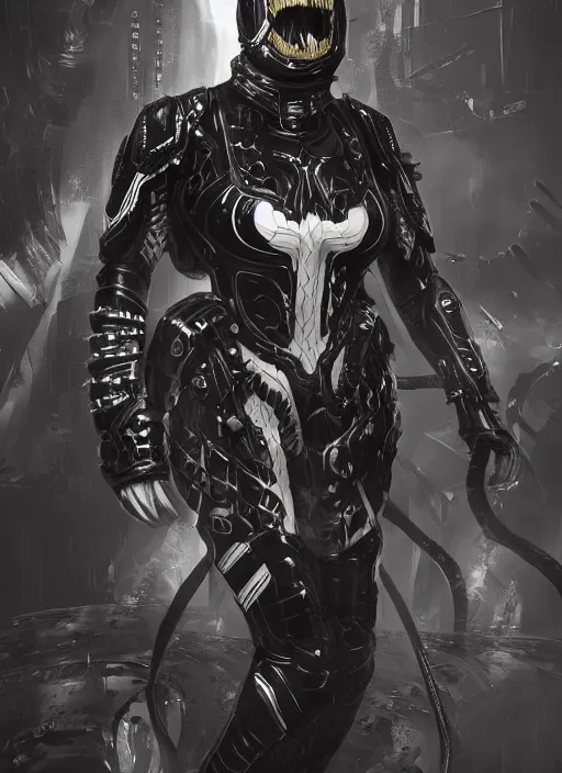 Image similar to high intricate venom with white sci - fi armor and black garment, space harbor, maria panfilova, andrea savchenko, mike kime, ludovic plouffe, qi sheng luo, oliver cook, julian calle, eddie mendoza, trending on artstation