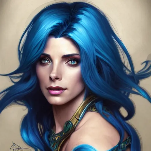 Prompt: Ashley Greene with blue hair as Jinx from League of Legends, western, D&D, fantasy, intricate, elegant, highly detailed, digital painting, artstation, concept art, matte, sharp focus, illustration, art by Artgerm and Greg Rutkowski and Alphonse Mucha