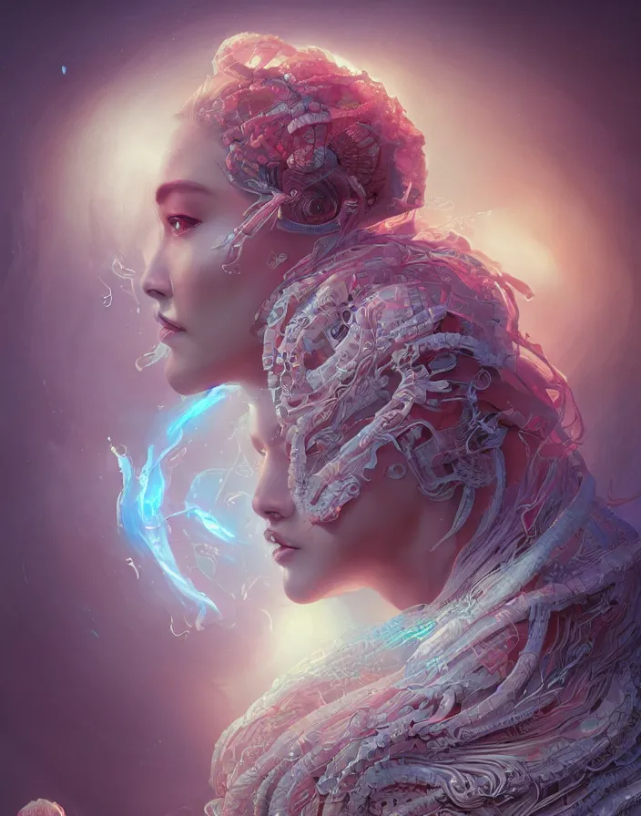 Image similar to goddess portrait. jellyfish phoenix head. intricate artwork by Tooth Wu and wlop and beeple. octane render, trending on artstation, greg rutkowski very coherent symmetrical artwork. cinematic, hyper realism, high detail, octane render, 8k, matte painting, peter mohrbacher, 3d