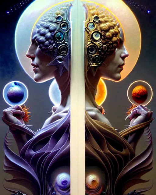 Image similar to a portrait of gemini light and dark fantasy character portrait made of fractals facing each other, ultra realistic, wide angle, intricate details, the fifth element artifacts, highly detailed by peter mohrbacher, hajime sorayama, wayne barlowe, boris vallejo, aaron horkey, gaston bussiere, craig mullins