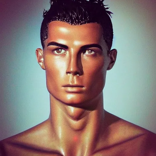 Image similar to “a realistic detailed photo of a guy who is an attractive humanoid who is half robot and half humanoid, who is a male android, Cristiano Ronaldo, shiny skin, posing like a statue, blank stare”