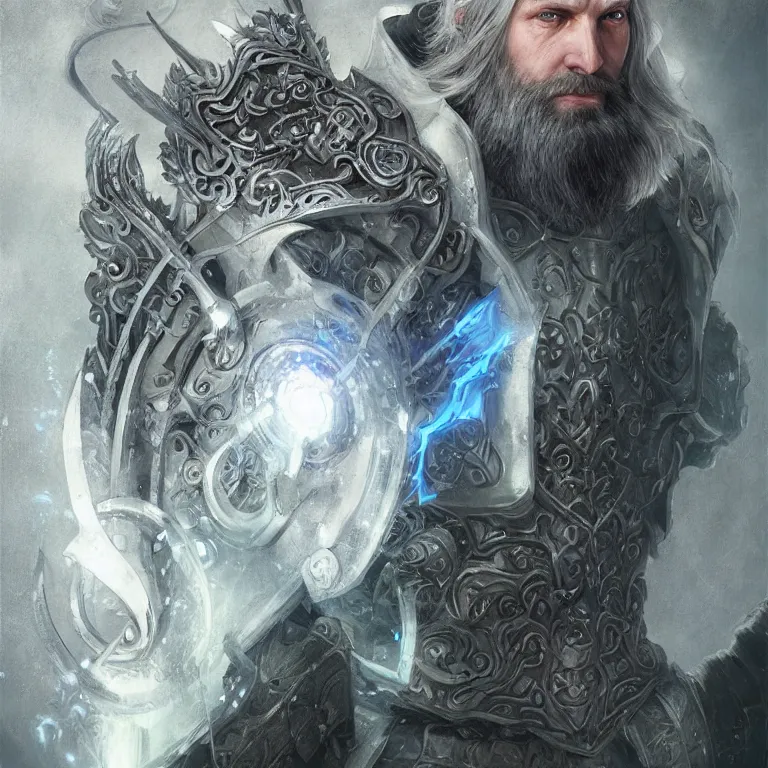 Image similar to Portrait of an Aasimar Paladin-Druid with glowing blue eyes, pale grey skin, silver full beard, and silver hair. He has a sword and wears green armor. Epic fantasy art, award winning on Artstation, intricate, highly detailed, dramatic lighting, illustration, concept art, art by artgerm and greg rutkowski and alphonse mucha, D&D, Dungeons and Dragons.