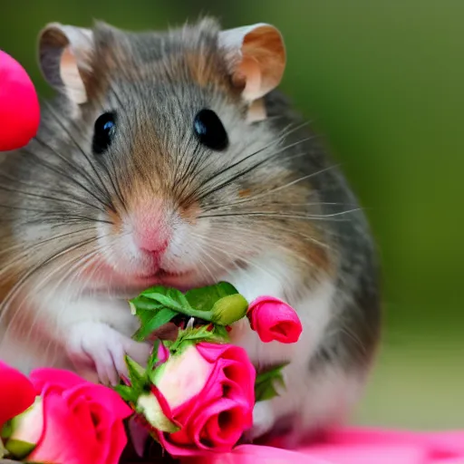 Image similar to detailed photo of a hamster holding roses, various poses, full body, unedited, daylight, dof 8 k