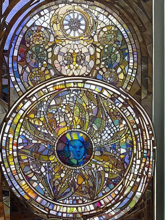 Prompt: modern glass door style by alfons mucha and greg rutkowski, glass mosaic, a symmetric mandala, round design, intricate detail, very high quality, masterwork