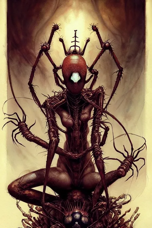 Image similar to spider queen | esoteric symbolism | jean - baptiste monge, esao andrews, bastien lecouffe - deharme, tim jacobus, ken currie | ultra - detailed realism, soft cinematic lighting, hi - fructose, artstation, high - quality, ink watercolors wes anderson poster art