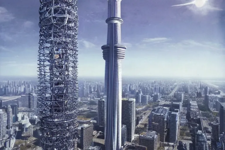 Prompt: Ominous cinestill of Gargantuan, Mastodonic, Inter-Dimensional Behemoth Entity Monster cocoon hibernating on the Toronto CN Tower, designed by Moebius, GANTZ, H.R. Giger, 2022, directed by James Cameron, denis villeneuve