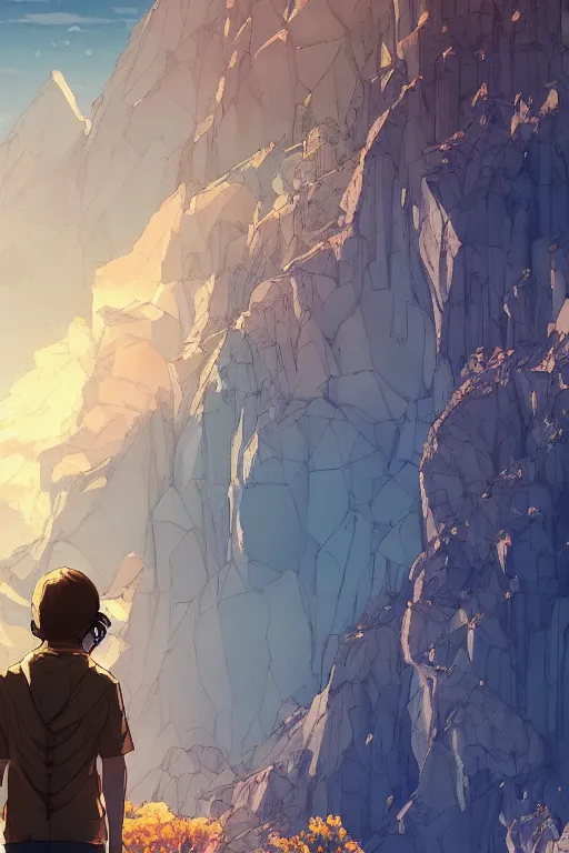 Image similar to walter white enjoying the view of a majestic crystal cliff, high intricate details, rule of thirds, golden ratio, cinematic light, 8 k, octane render, anime style, graphic novel by fiona staples and dustin nguyen, art by beaststars and orange, peter elson, alan bean, studio ghibli, makoto shinkai