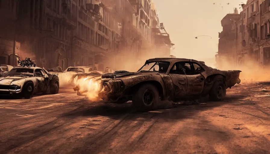 Image similar to racing in the streets of destroyed marseille in mad max, lightning, sandstorm, cars, hyperdetailed, artstation, cgsociety, 8 k