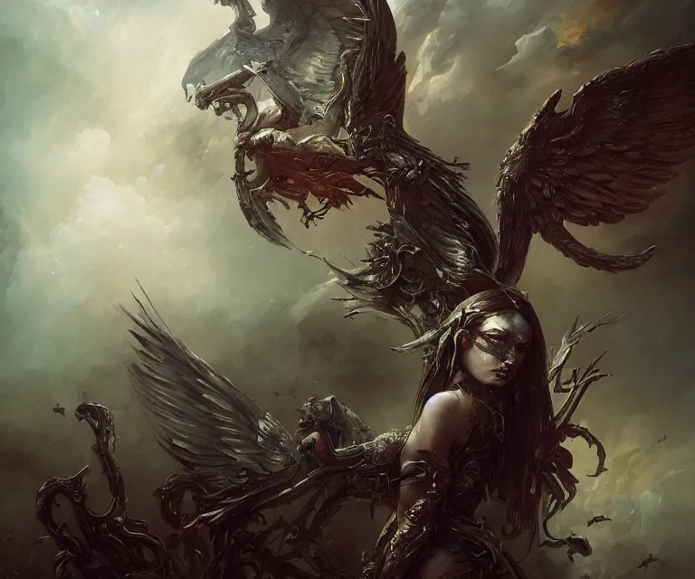 Prompt: a beautiful classical painting masterpiece of a fallen dark angel with angelic armor, horror, backlit, gloomy sky, highly detailed, by bastien lecouffe deharme and artgerm and dan mumford, vivid colors, detailed shading, 8 k resolution, intricate, smooth