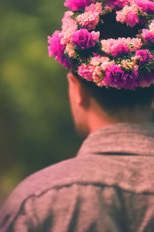 Image similar to agfa vista 4 0 0 close up photograph of a guy wearing a flower crown, back view, synth vibe, vaporwave colors, lens flare, moody lighting, moody vibe, telephoto, 9 0 s vibe, blurry background, grain, tranquil, calm, faded!,