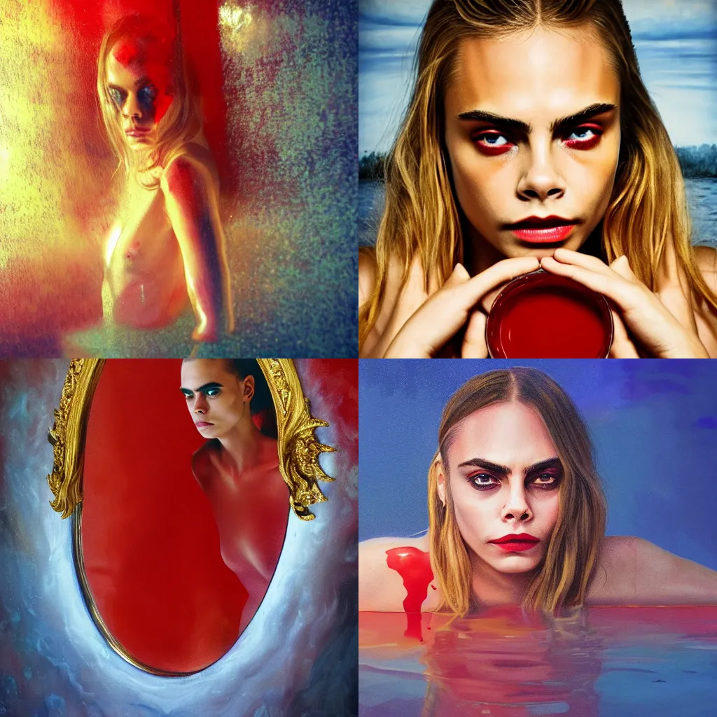 Prompt: Cara Delevigne with beautiful face and full body laying in a blood red pool of water between a bright golden glowing mirror frame, outside is space and inside the mirror frame is a beautiful landscape. Hyperrealistic surreal 4K IMAX Rene Margritte intricate, elegant, highly detailed, digital painting, artstation, concept art, smooth, sharp focus, illustration, art by artgerm, Francis bacon, HR Giger and greg rutkowski and alphonse mucha wide shot