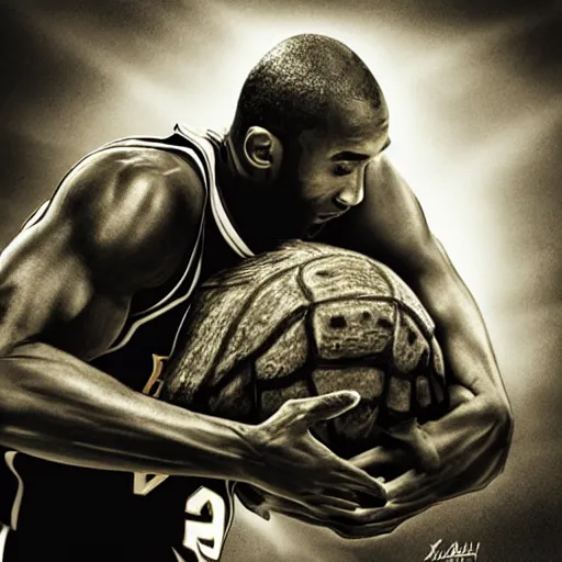 Image similar to kobe bryant kissing with a giant turtle in heaven, hyper realistic, cinematic, side view, digital art, amazing detail, artstatiom, cgsociety, epic art