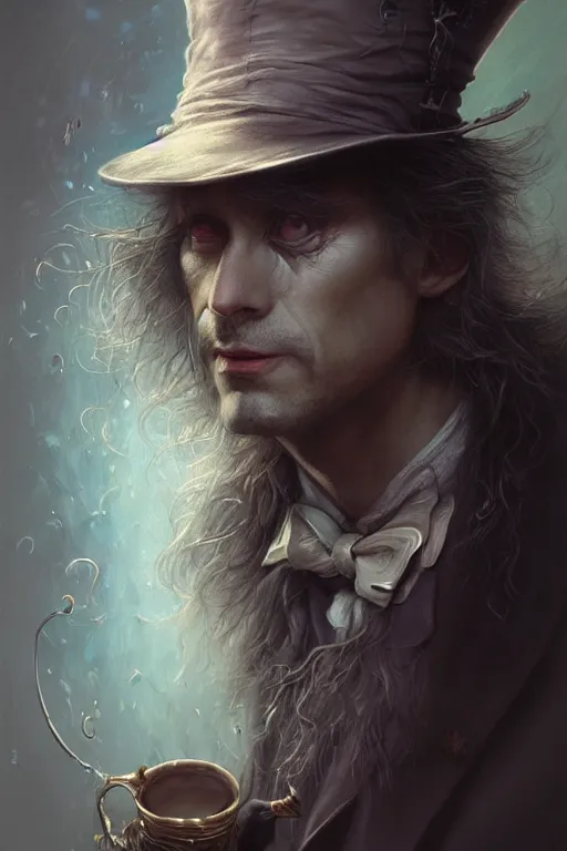 Prompt: mad hatter, portrait of a man, by wlop, by luis royo, by peter mohrbacher, concept art, digital illustration, intricate, masterpiece, elegant, super detailed, unreal engine rendering, smooth, sharp focus, artstation hq